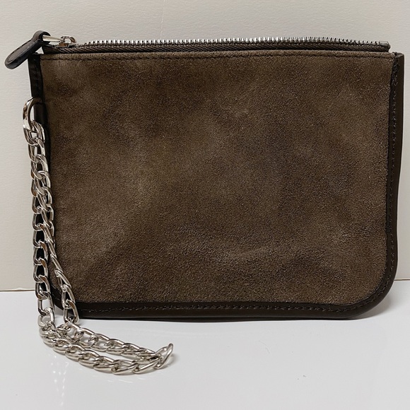 Loewe Suede Leather Logo Small Clutch Silver Chain Wristlet Zip Pouch Bag Italy - Picture 3 of 6